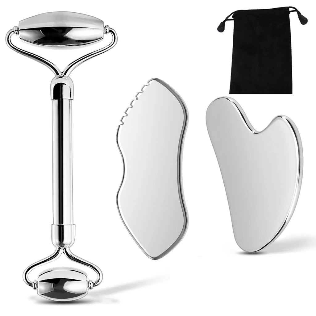 Kit gua sha & rouleau facial en acier inoxydable
