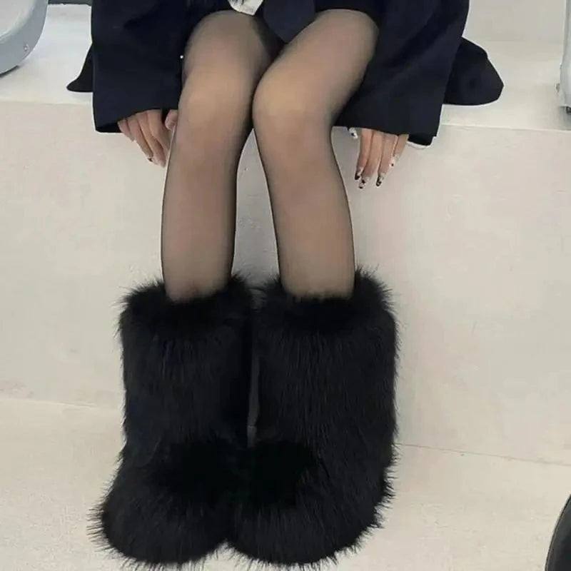 Bottes Femme Mi-Mollet 100 % Fourrure Style Y2K