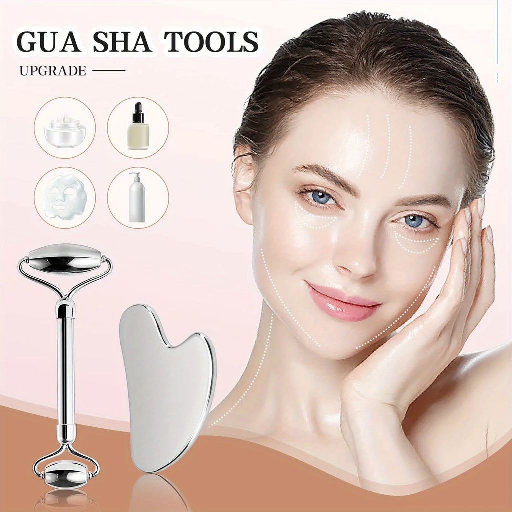 Kit gua sha & rouleau facial en acier inoxydable
