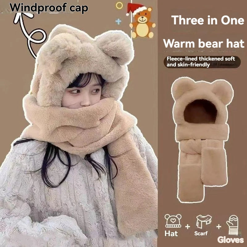 Ensemble Hiver 3 en 1 Femme – Capuche Ours + Écharpe + Gants
