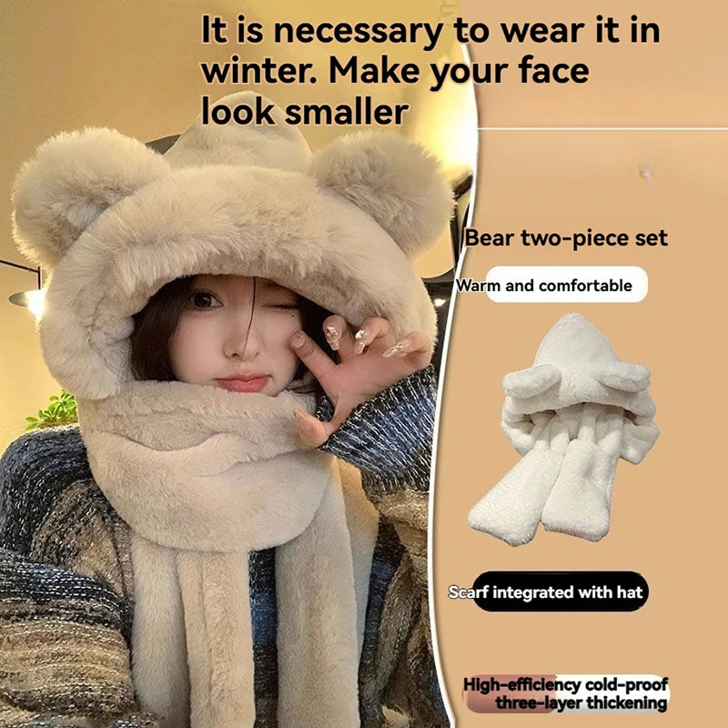 Ensemble Hiver 3 en 1 Femme – Capuche Ours + Écharpe + Gants