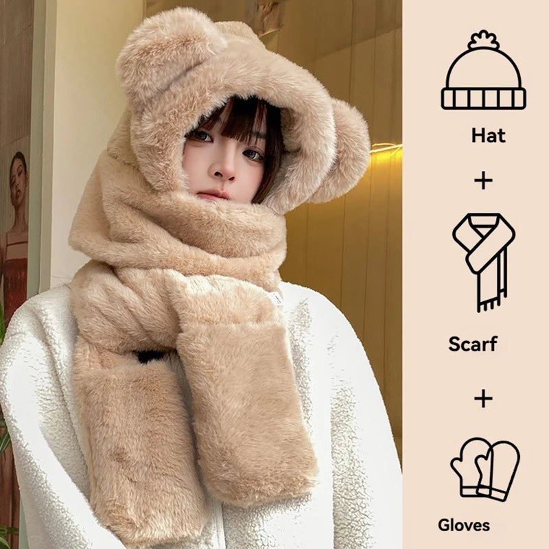 Ensemble Hiver 3 en 1 Femme – Capuche Ours + Écharpe + Gants
