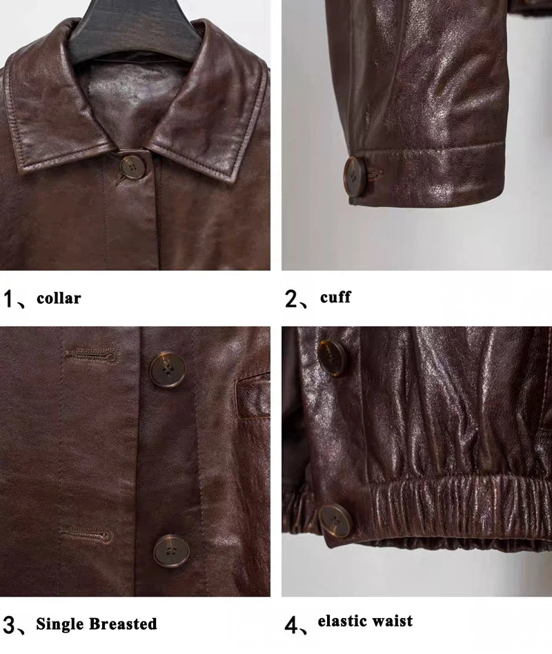 Veste en peau d'agneau véritable — col carré, finition cirée