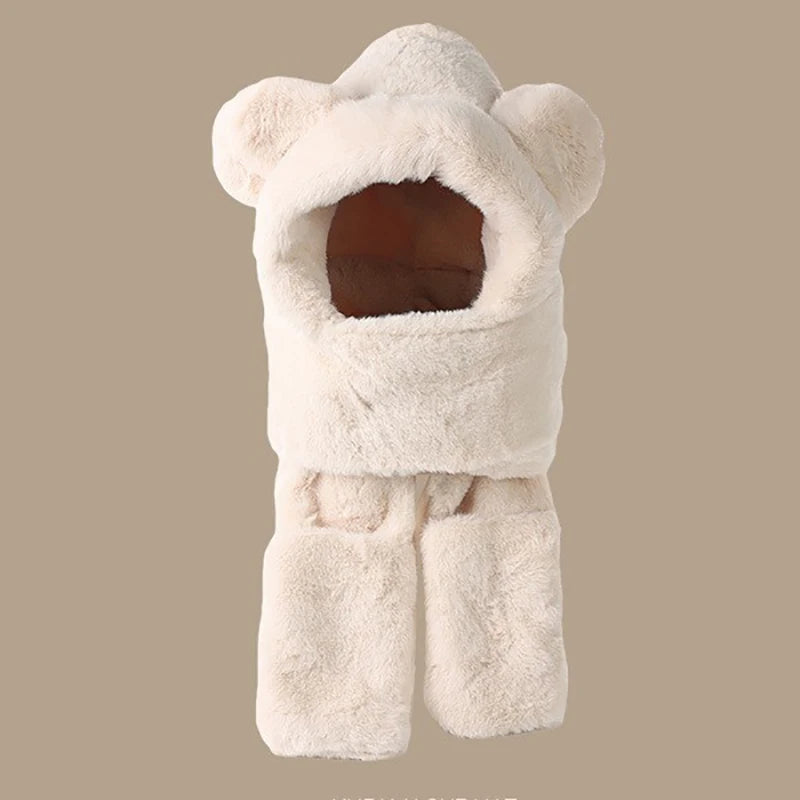 Ensemble Hiver 3 en 1 Femme – Capuche Ours + Écharpe + Gants